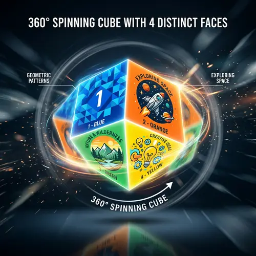 Cube with Four Different Faces Spinning 360 Degrees
