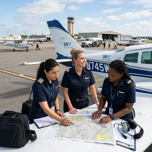 Female Pilots Preparing for Takeoff at Airfield