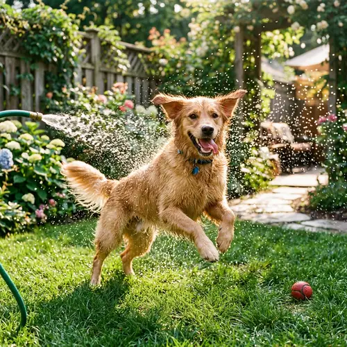 Joyful Golden Retriever Playing in Sunny Backyard