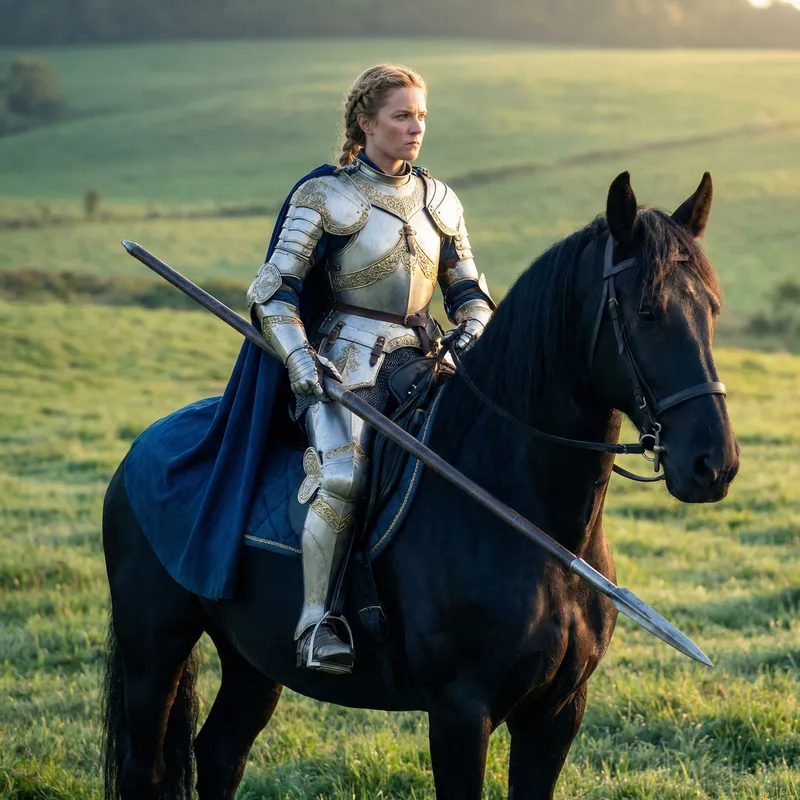Caucasian Female Warrior on Majestic Horse in Battle Armor Caucasian Female Warrior on Majestic Horse in Battle Armor