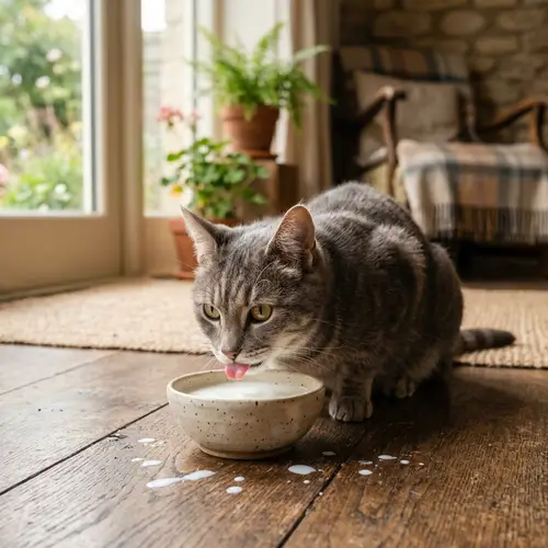 Domestic Cat Lapping Up Milk in Cozy Sunlit Setting
