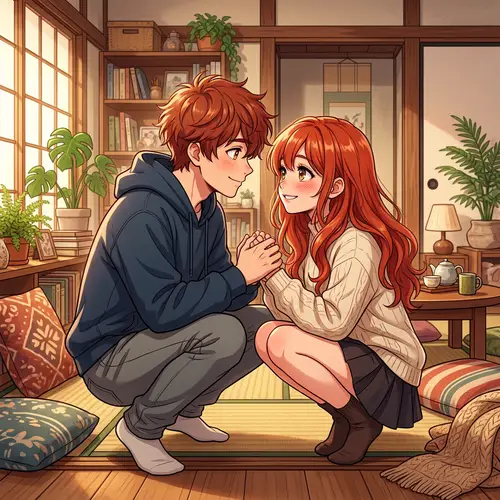 Intimate Anime Scene: Red-Haired Couple Sharing a Moment