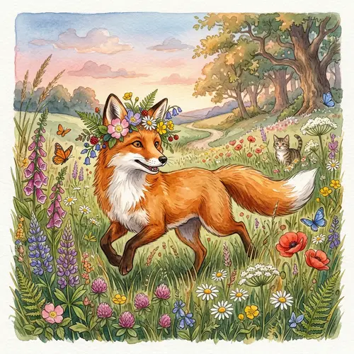 Whimsical Fox with Flower Crown in Lush Meadow - Watercolor Art