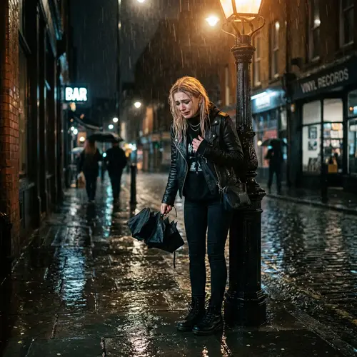 Contemporary Pop Musician in Rainy Urban Setting
