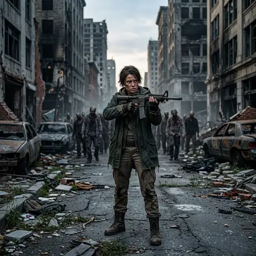 Post-Apocalyptic Female Survivor Defends Against Zombies