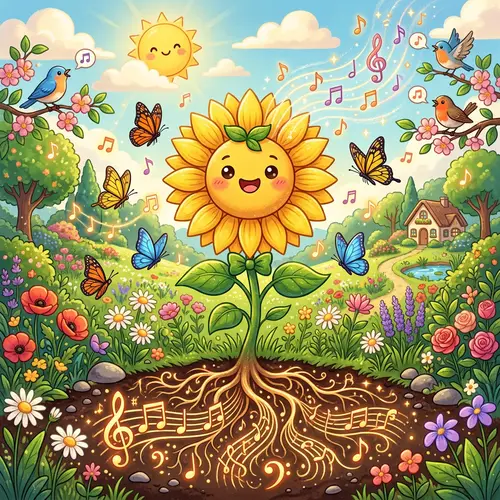 Kawaii Sunflower with Musical Roots and Happy Face