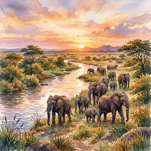Tranquil Elephants Watercolor Art