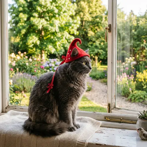 Charming Cat in a Red Cap on a Sunny Window Ledge
