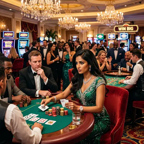 Mid-30s South Asian Woman Poker Player in Emerald Green Dress