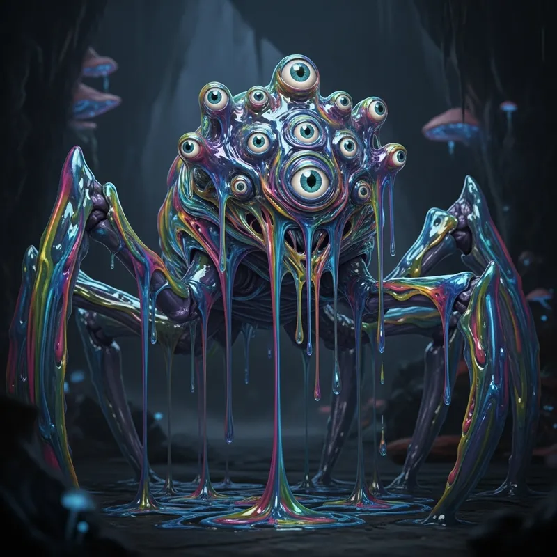 Slimy Rainbow Monster with Six Legs and Ten Eyes