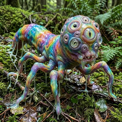 Slimy Rainbow Monster with Six Legs and Ten Eyes