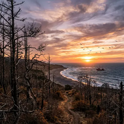 Scenic Sunset Over Dry Forest and Distant Beach