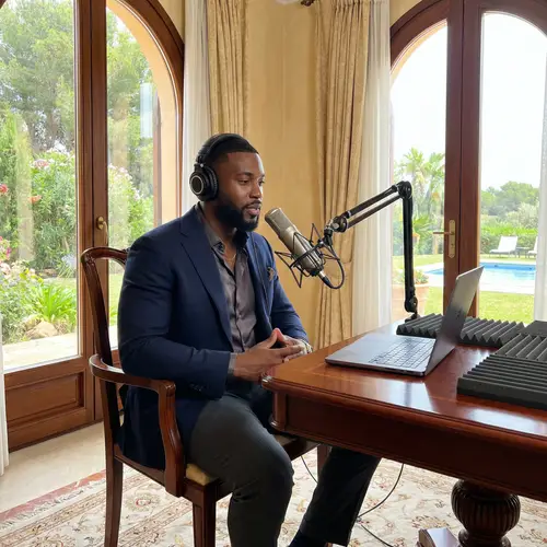 Luxurious Black Man Creating Podcast in Villa