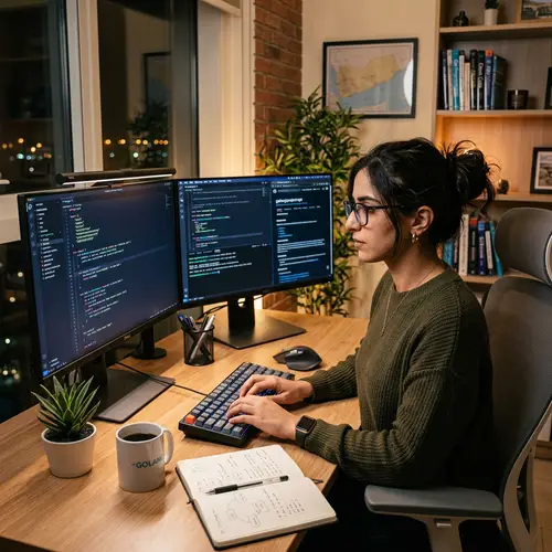 Middle Eastern Female GoLang Developer Working at Workstation