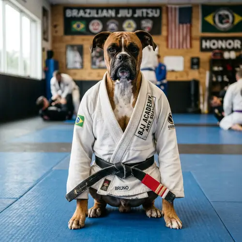 Serious Boxer Dog in BJJ Gi and Black Belt