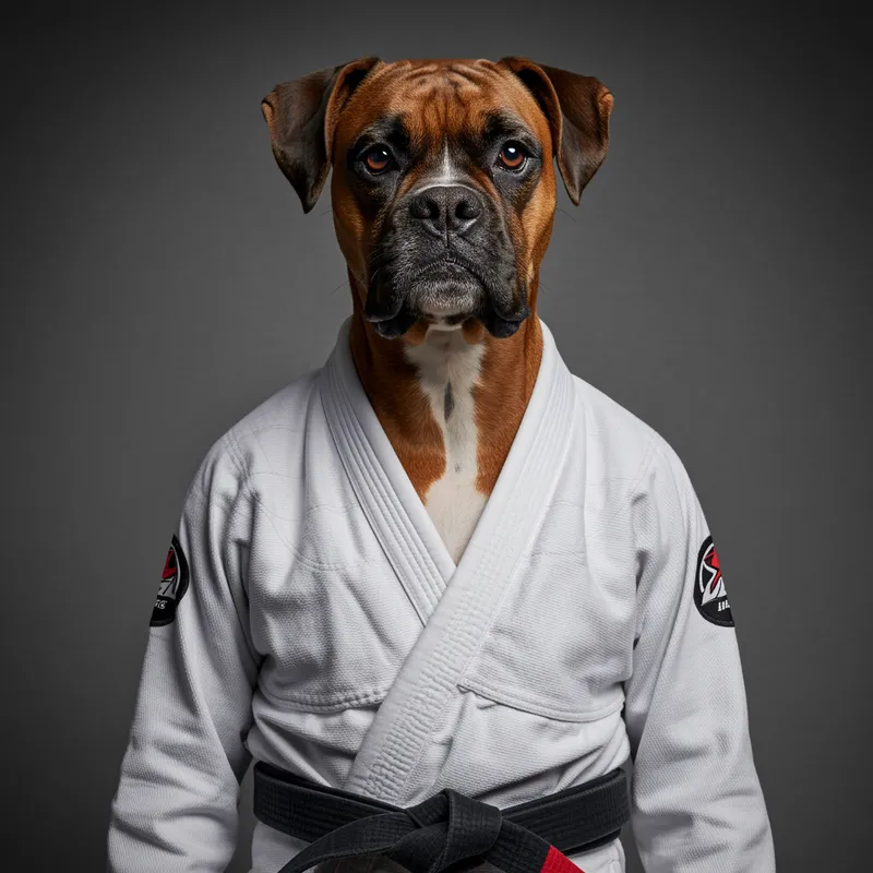 Serious Boxer Dog in BJJ Gi and Black Belt