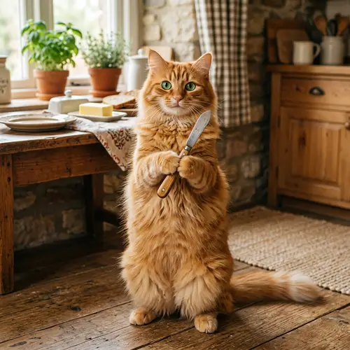 Fluffy Orange Cat Holding Butter Knife