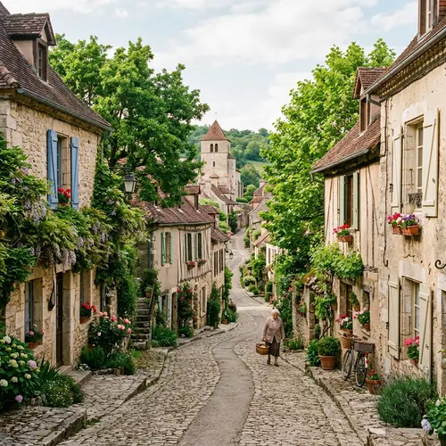 Serene Village Scene with Old Houses and Trees