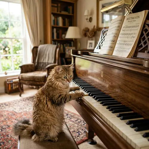 Curious Cat Playing Piano - Adorable Musical Scene