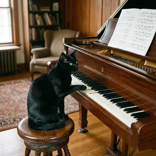 Black Domestic Short-Haired Cat Next to Mahogany Grand Piano
