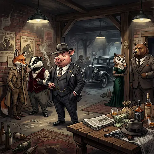 Underground Animal Gang Meeting with Pig in Tailored Suit