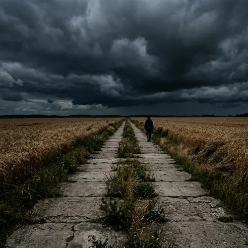 Dark Clouds Over Concrete Road with Wheat Fields
