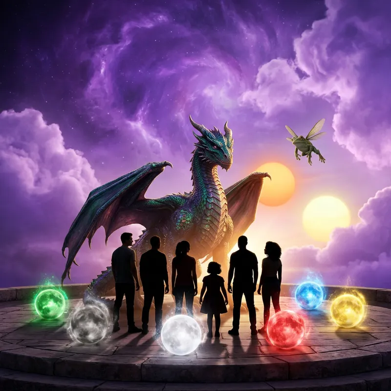 Silhouettes of Two Men and Four Women in Mystical Setting with Majestic Dragon