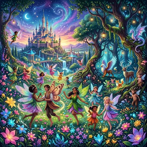 Enchanted Kingdom Fairies Dancing Among Colorful Flowers