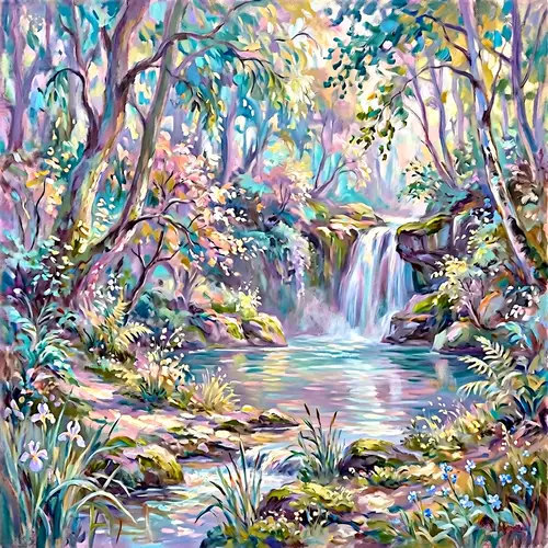 Mystical Forest with Hidden Waterfall - Monet's Style