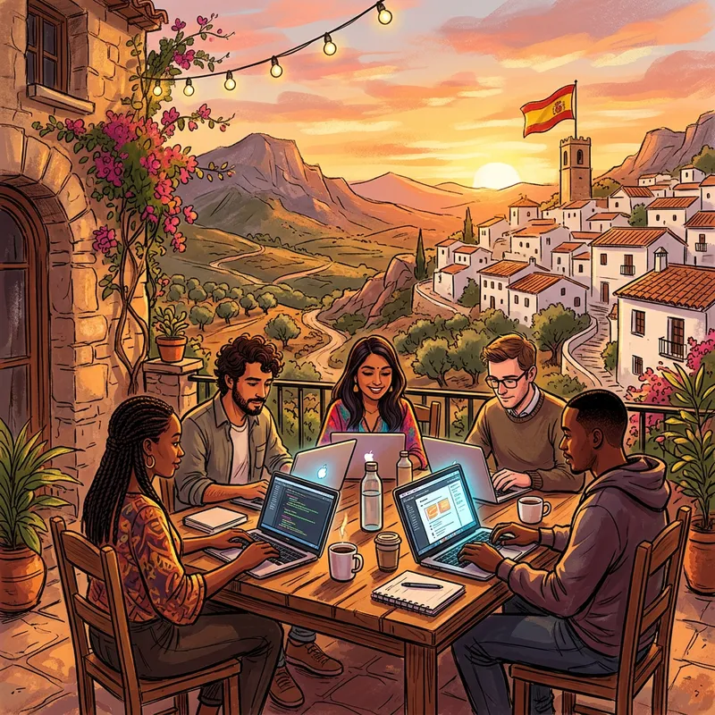 Digital Nomads Working in Spain - Sketch Illustration Digital Nomads Working in Spain - Sketch Illustration