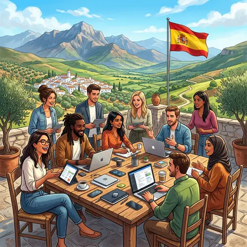 Diverse Group of Digital Nomads and Entrepreneurs in Spanish Landscape