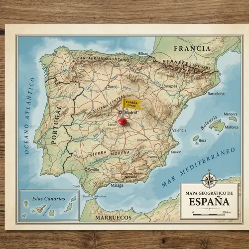 Detailed Geographic Map of Spain with Pin Marker