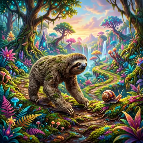 Sloth and Snail Stroll in a Colorful Landscape