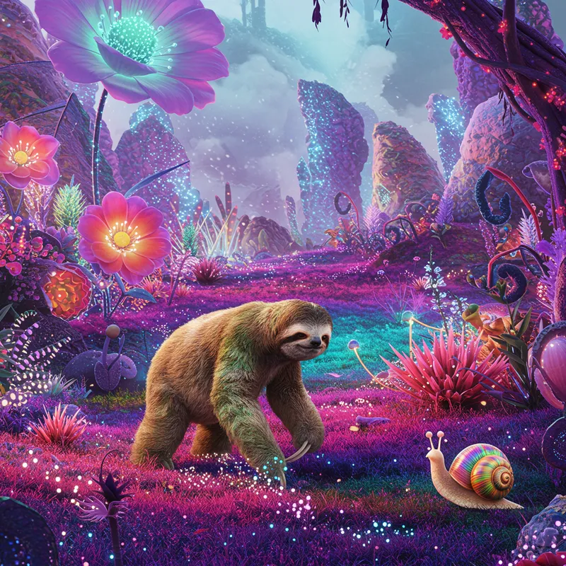 Sloth and Snail Stroll in a Colorful Landscape
