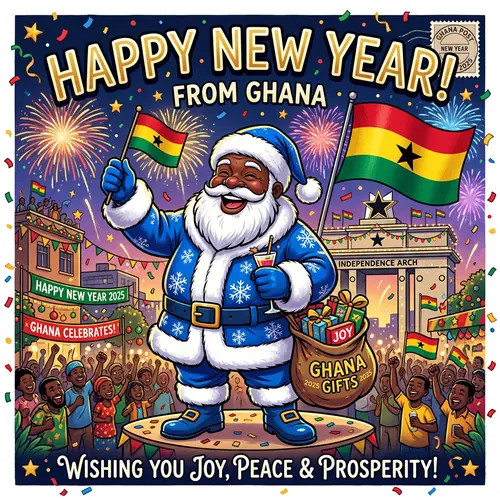 Festive Black Santa Claus Postcard with Ghanaian Flag
