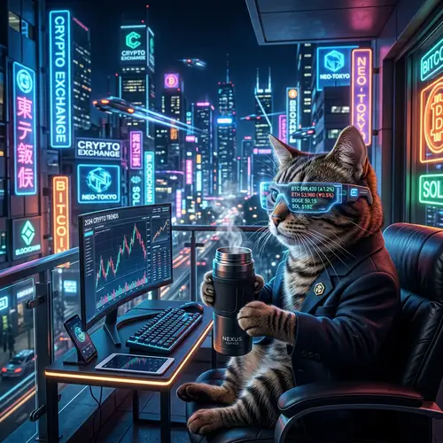 Cryptocurrency Investor Cat in Cyber-Style City | Night Scene
