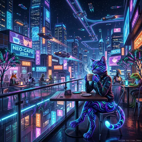 Neon Fur Feline Enjoys Coffee in Cyber City | Futuristic Scene
