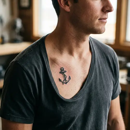 Small Anchor Tattoo on Pectoral Muscle