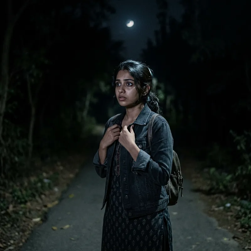 Scared South Asian Girl: Intense Nighttime Fear Captured Scared South Asian Girl: Intense Nighttime Fear Captured