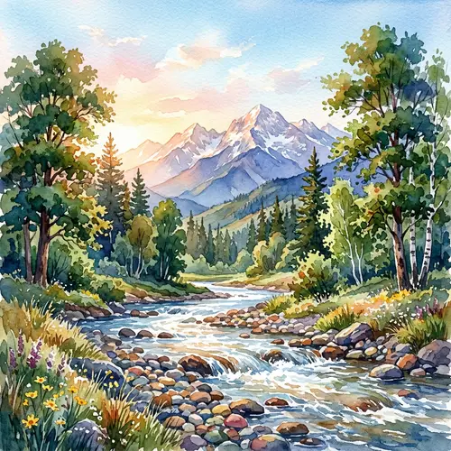 Idyllic Natural Landscape Watercolor Painting