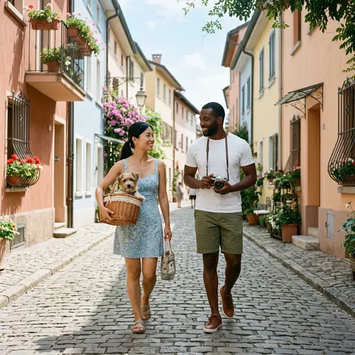 Strolling Asian Woman with Dog and Black Man with Camera on Cobblestone Street
