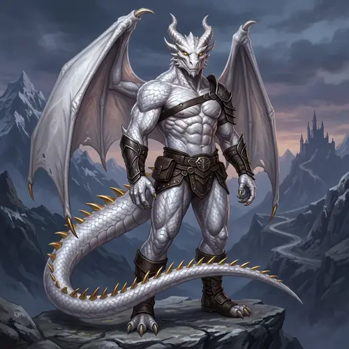 Majestic White Dragon Man with Golden Eyes