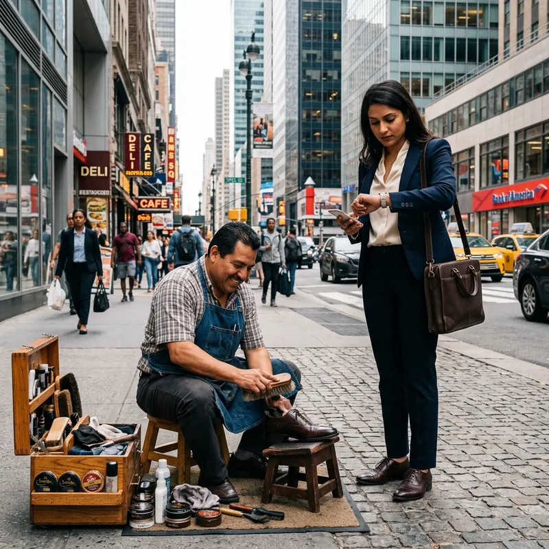 Vibrant Street Scene: Shoe Cleaner & Business Executive Interaction