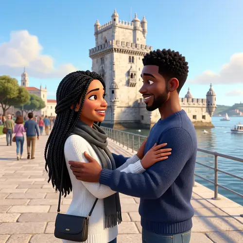 Heartwarming Pixar-Style Animation: Hispanic Woman and Black Man Smiling