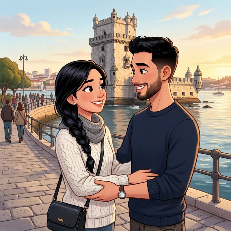 Animated Scene: Black-Haired Woman with Long Braid & Smiling Man in Lisbon