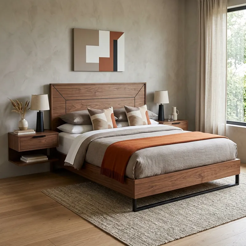 Sleek Modern Queen Bed with Headboard & Side Tables | Earth Tones