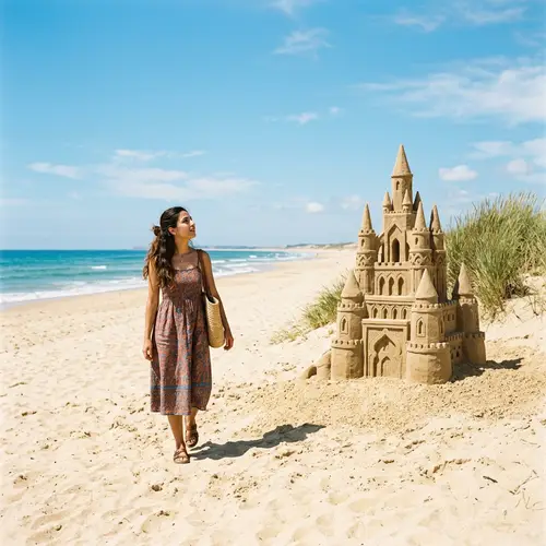 Pristine Shoreline & Towering Sand Castle: A Captivating Encounter