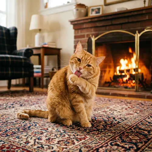 Playful Orange Tabby Cat Grooming | Cozy Fireplace Scene