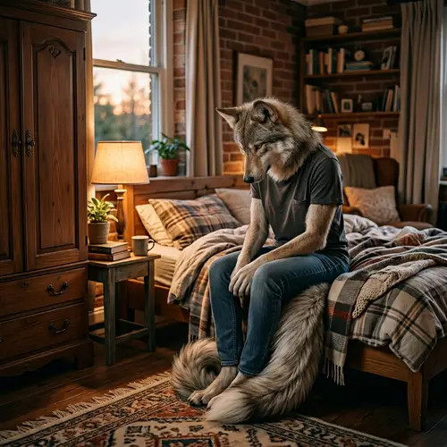 Anthropomorphic Wolf in Cozy Bedroom | Tranquil Scene