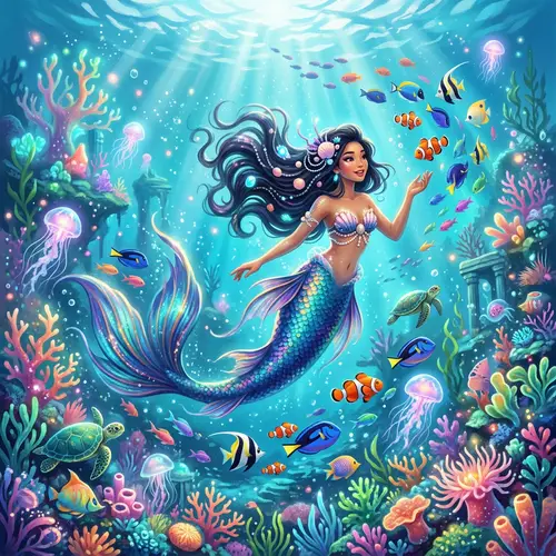 Surreal Underwater Scene with Graceful Asian Mermaid